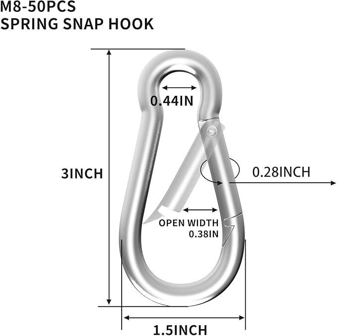 Carabiners Clip Spring Snap Hook,Heavy Duty Galvanized Steel(10&120PcsM6,50PCSM8&30PCSM10) Carabiner,Safety Quick Links Snap Hooks,Spring Clips for Swing Hammock Camping Keychain Outdoor
