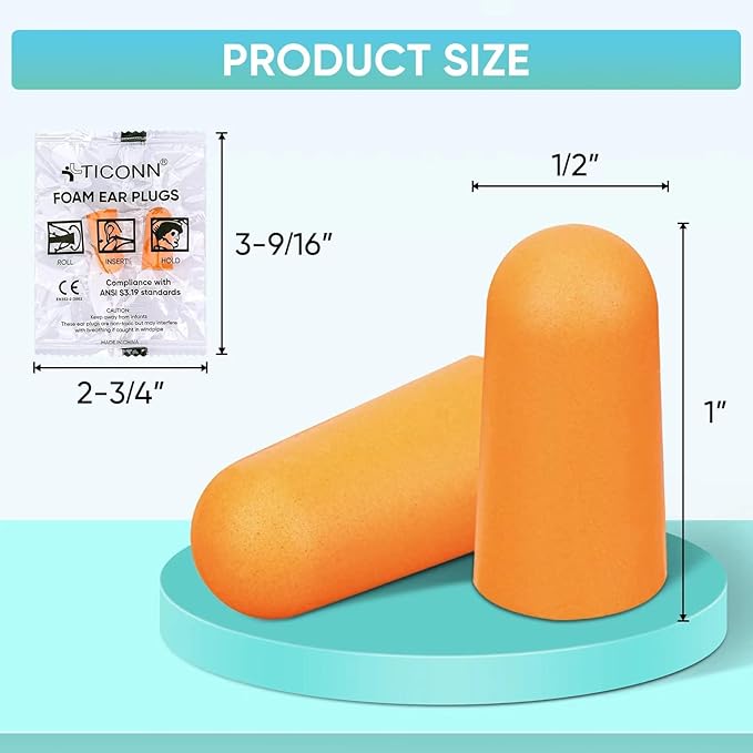 TICONN 100 Pairs Foam Ear Plugs, Individually Wrapped 32dB NRR Noise Reduction Earplugs for Sleeping Hearing Protection Travel Study Concentration Construction Site (100 Pairs)