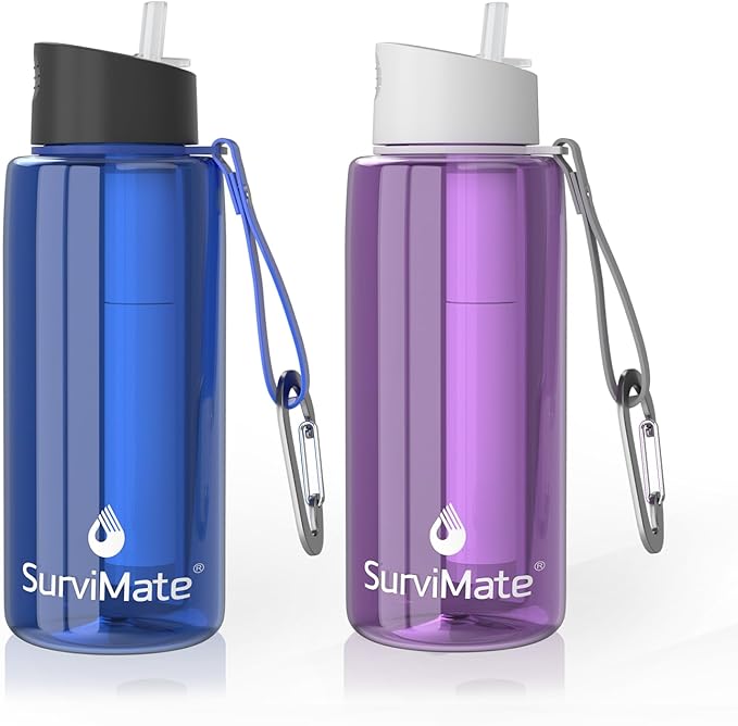 SurviMate Purified Water Bottle for Camping, Hiking, Backpacking and Travel, BPA Free with 5-Stage Intergrated Filter Straw