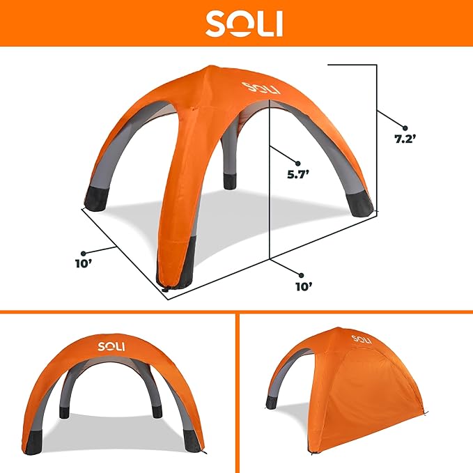 SOLI Inflatable Shade Air Canopy - Quick Self-Inflating Sun Shelter with Air Pump, UPF 50+ Sun Protection, Travel-Friendly, Stable Anchors for Beach, Camping & Backyard Use (Heat Wave Orange) - 10 ft