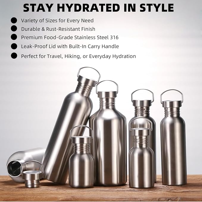 Stainless Steel Water Bottle Single Wall Metal Bottle Large Camping Water Cup with Handle Wide Mouth Leak Proof Lightweight Sports Kettle Cup (51 oz)