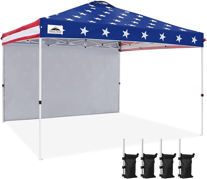 EAGLE PEAK Pop Up Canopy Tent with 1 Sidewall, Easy Setup Event Tent, Outdoor Sun Shade, Wheeled Carry Bag, Stakes and Guy Ropes, Instant Canopy 12x12, American Flag