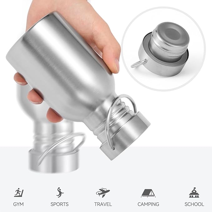 Volhoply 12oz Stainless Steel Water Bottle with Handle,Non Insulated Single Wall, Dishwasher Safe No Plastic 18/8 304 Metal Water Bottles with Wide Mouth for Camping, Hikers, Cyclists