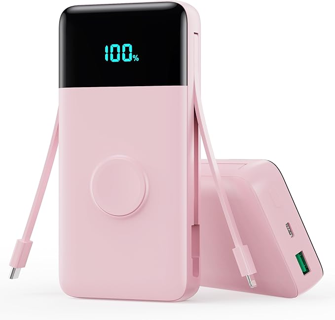 Portable Charger 40800mAh for iPhone with 2 Built-in Cable and iWatch Charger, 5-in-1 25W PD Fast Charging USB C Power Bank,QC4.0 LED Display Battery Pack for iPhone 16/15/14/13/12,Android,Apple Watch