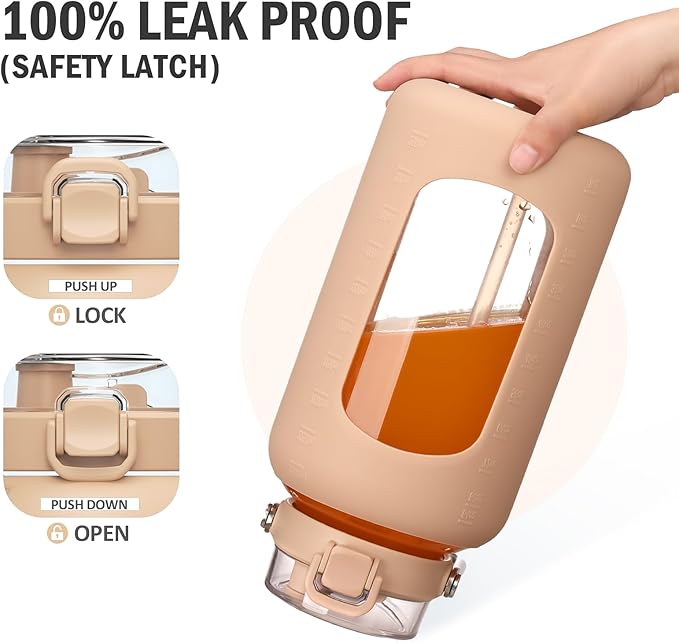 BLUEGO 84oz Water Bottle Glass with Stainless Steel Handle Large 2.5l Water Bottle with Time Markers and Silicone Sleeve Half Gallon Water Jug BPA Free for Gym Daily Use, Amber