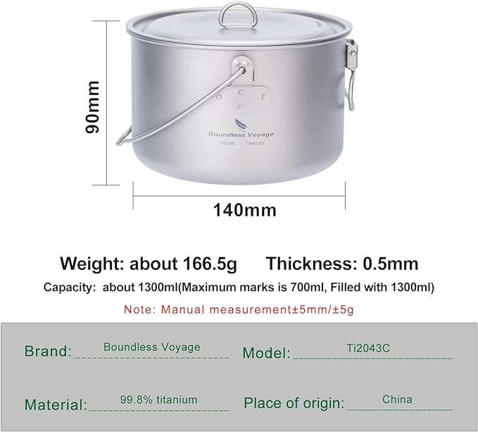iBasingo 1.3L (1300ml) Titanium Pot with Lid Lightweight Backpacking Cook Pot for Solo Camping, Hiking & Backpackers, Portable Camping Cookware with Measurement Marks Ti2043C