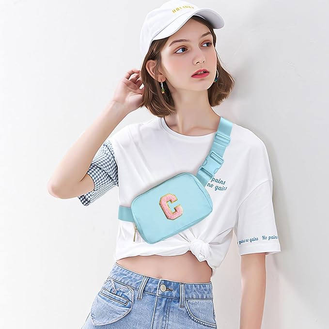 Gitus Gifts for 7 8 9 10 11 Year Old Girls Belt Bag Fanny Pack Crossbody Bags with Initial Letter Patch Birthday Gifts for Daughter Sister Friends Teen girls (Icing Blue-C)