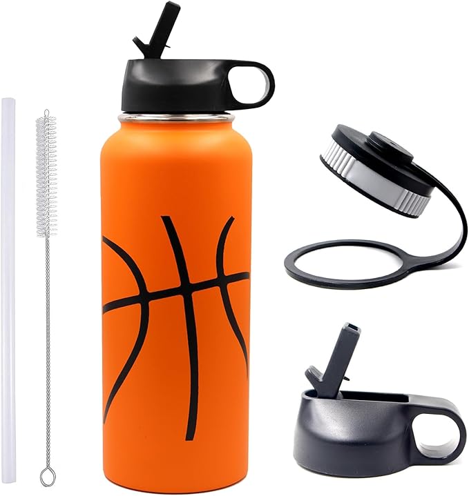 40 oz Basketball Water Bottle, Sports Flask Metal Thermal Travel Mug with 2 Lids, Stainless Steel Double Wall Vacuum Insulated Leak Proof Water Jug, Basketball Accessories Stuff Gifts for Boys Girls