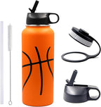 40 oz Basketball Water Bottle, Sports Flask Metal Thermal Travel Mug with 2 Lids, Stainless Steel Double Wall Vacuum Insulated Leak Proof Water Jug, Basketball Accessories Stuff Gifts for Boys Girls