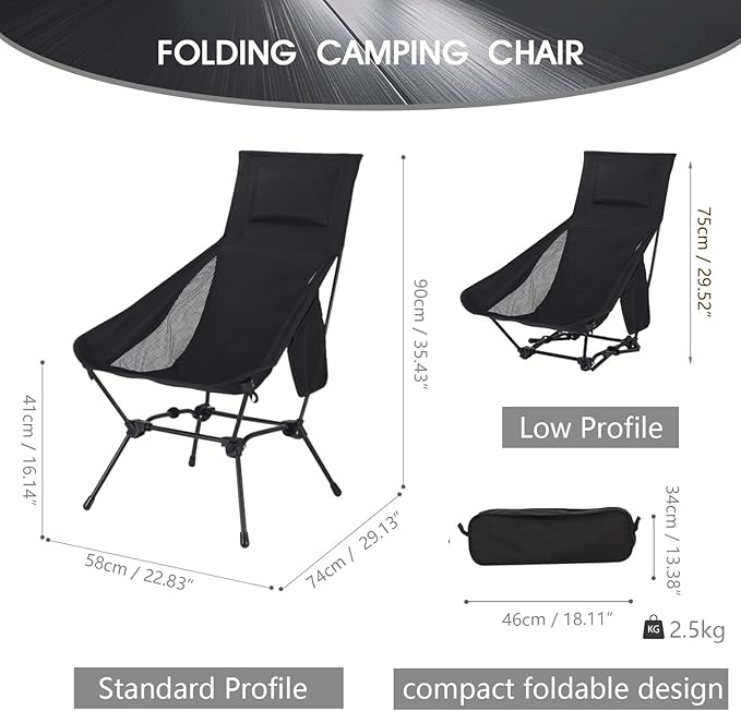 Upgraded Camping Chair, Oversized High Back Low Beach Chair, Lightweight Folding Backpacking Portable Compact Picnic Chair, Black