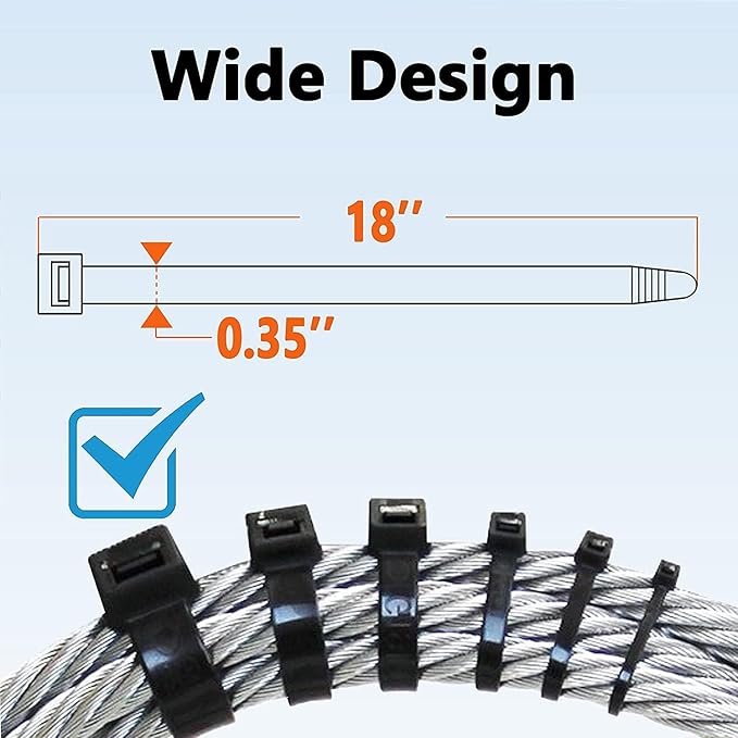 200lb Zip Ties Heavy Duty 18 Inch 350pcs, Large Black Cable Tie, Thick Heat Resistant Zipties, Big Wide Wire Ties, Industrial Tie Wraps for Outdoor Use