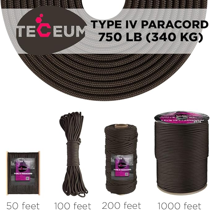TECEUM 5/32" Paracord Rope 1000 – 1000ft / 200ft / 100ft / 50ft – Tactical Parachute Cord 4mm – 45+ Colors – Nylon String for Survival & Camping Gear – Stripe Cord for Survival – Utility Rope