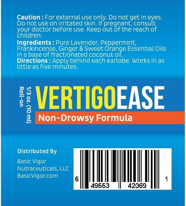 Basic Vigor Vertigo Ease Roll-On (10ml) - Natural & Fast-Acting Vertigo and Dizziness Support with Lavender, Ginger, Frankincense & Essential Oils - Combat Travel Sickness