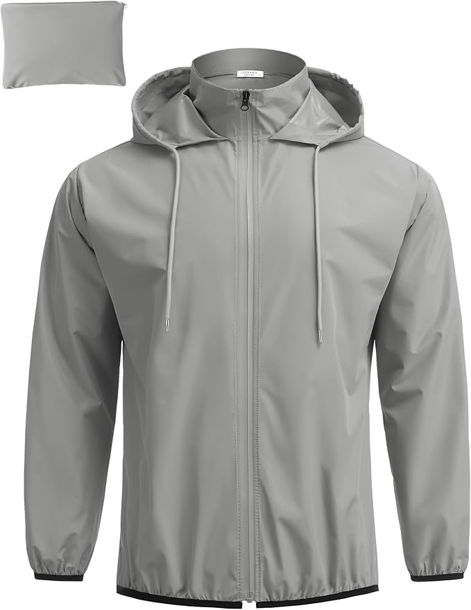 COOFANDY Men's Packable Rain Jacket Lightweight Waterproof Raincoat with Hood Travel Hiking Golf Windbreaker