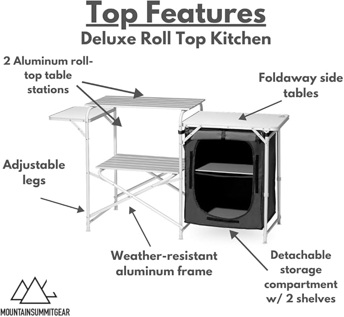 Deluxe Roll Top Kitchen Table for Camping Made with Weather-Resistant Aluminum (by Caddis Sports)