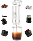 Portable Espresso Machine 3Minute Auto Heat12V Rechargeable Electri Coffee Maker 20 BaCompatible with NS DG Capsules and GroundCoffee for Camping, Travelling RVing HikingandOffice (White)