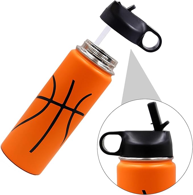 18 oz Basketball Water Bottle, Sports Cup Flask Metal Travel Mug with 2 Lids, Stainless Steel Double Wall Vacuum Leak Proof Insulated Water Bottles, Basketball Accessories Stuff Gifts for Boys Girls
