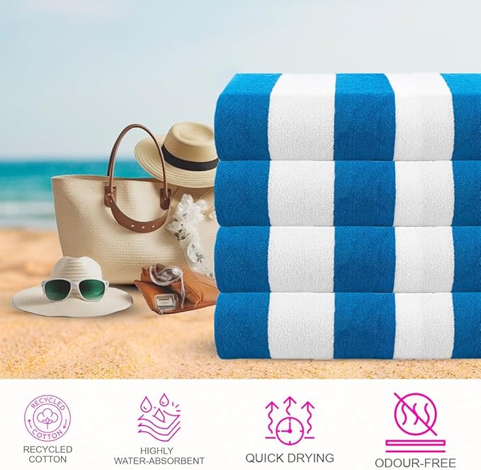 CASA COPENHAGEN Cabana Towel 4Pcs Teal Designer Stripe Beach Towels Gift Set, 30"x60" Oversized 100% Cotton Pool Bath Towel for Beach Gift Set (Perfect Summer Gift Set for Women & Men)