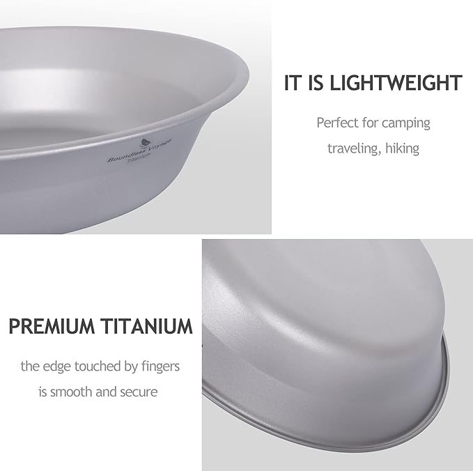 iBasingo Titanium Camping Plates and Bowls Set with Mesh Bag - 174mm Ultralight Backpacking Dinnerware for Hiking, Survival Kit & Outdoor Cooking (61g Plate + 67g Bowl) Ti1113T