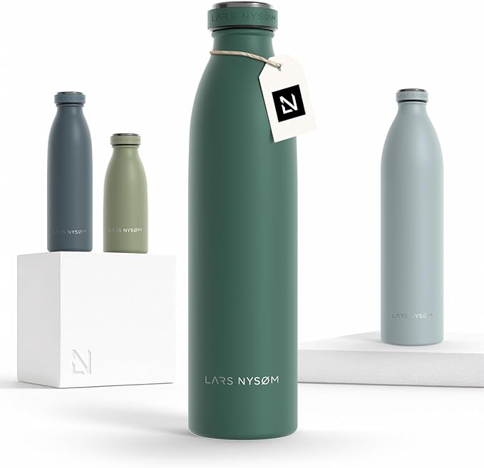LARS NYSØM Stainless Steel Insulated Water Bottle 12oz 17oz 25oz 34oz 51oz | Insulated Thermo Flask for Hot and Cold Beverages | Leakproof Drinking Bottle (Pine Green, 25.4oz)