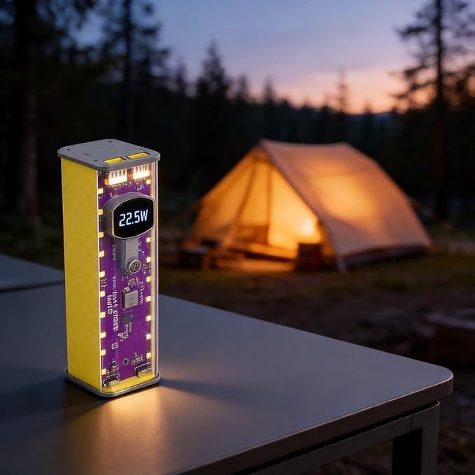 Portable Solder-Free Power Bank Case 22.5W 45W Transparent DIY Battery Box with Fast Charging for Cells Multi-Output Stable Voltage Multiple Protocols 160x57mm for DIY Enthusiasts Travel(yellow 22.5W)
