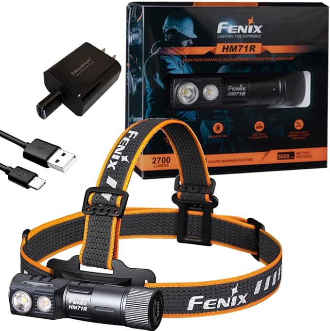 EdisonBright Fenix HM71R 2700 Lumen Rechargeable Industrial use LED Headlamp Brand Charging Adapter Bundle
