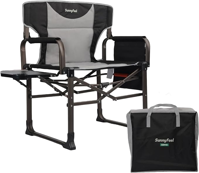 SUNNYFEEL Oversized Camping Directors Chair Black Portable Folding Chair for Adults Support 600lbs with Side Pocket and Side Table for Beach, Fishing, Trip, Picnic, Lawn, Outdoor Foldable Camp Chairs