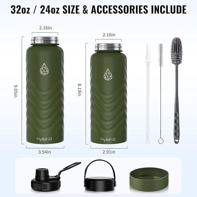 32oz Stainless Steel Insulated Water Bottle, 48H Ice Cold & 24H Hot, Leak-Proof Wide Mouth Lids (Straw & Spout), BPA-Free Bottles, Mens Water Bottle for Gym, Hiking, Travel - Green