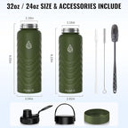 24oz Stainless Steel Insulated Water Bottle, 48H Ice Cold & 24H Hot, Leak-Proof Wide Mouth Lids (Straw & Spout), BPA-Free Bottles, Mens Water Bottle for Gym, Hiking, Travel - Green
