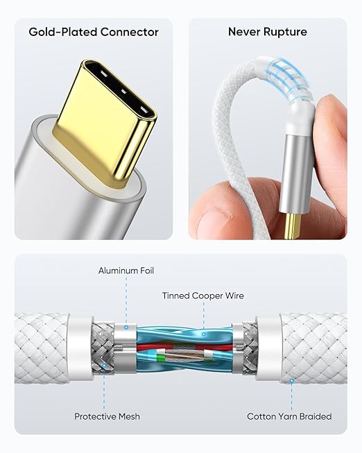 SUNGUY 10Gbps USB C 3.1 Gen 2 Cable, 4FT USB A to USB C 3A Fast Charging & Data Transfer Android Auto Carplay Cable Compatible with iPhone 17 16 15 Pro Max, Galaxy S24 S23 Ultra Note 20, SSD (White)