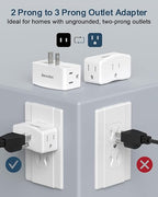 2 Pack 2-to-3 Prong Outlet Adapter, BEONDON 3-Sided Wall Plug Extender with 3 AC Sockets - Non-Grounded Expander for Old House, Office, Kitchen, Bathroom & Travel, White