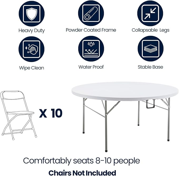 BTEXPERT Set of 2, White 5 Ft 60inch Round Plastic Folding Table Commercial Portable for Banquet Dining Wedding Party Events Home Kitchen Patio Backyard Indoor Outdoor