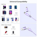 Coiled 4-in-1 USBA/Type C to USB-C/Lightning Cable Multi Combo for Apple Carplay& Android Auto,Purple 3A 60W Fast Charge & Data Sync Car Charger Cord for iPhone 15/14/13/12，Samsung Galaxy,Android-MFi