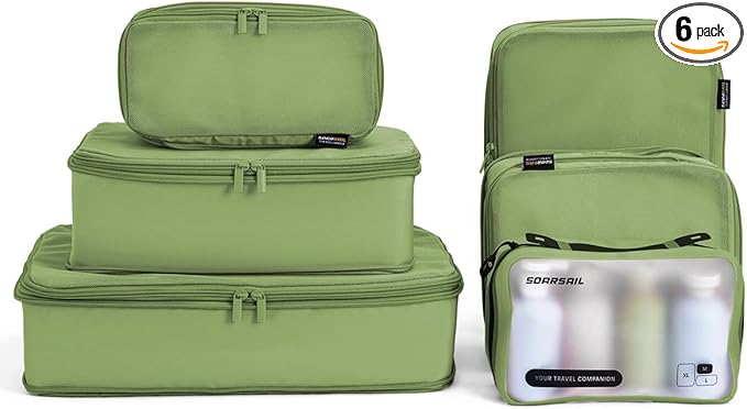 6 Set Compression Packing Cubes for Travel, Large Medium Small Luggage Organizers (Forest Green)