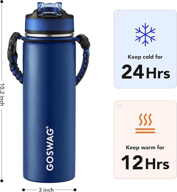 GOSWAG Insulated Sports Water Bottle, 24oz 2 Lids(with Straw/No Straw), Stainless Steel Water Bottles with Paracord Handle, Insulated Bottle with Double-Wall Vacuum Insulation