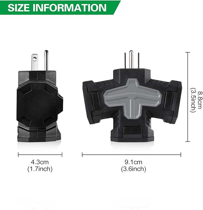 3-Prong Grounded Indoor Outdoor Wall Adapter, ETL Listed Outlet Splitter, Weatherproof Heavy Duty Multi Power Plug Extender With Protective Cover, Black (2 Pack)