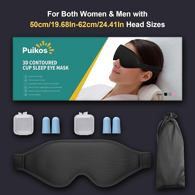 Puikos Eye Mask Sleeping Mask for Women Men Eye Covers for Sleeping Comfortable Adjustable Contoured Blackout Weighted Eyelash Extension Protector Sleep Mask Side Sleeper for Travel Yoga Nap (Black)