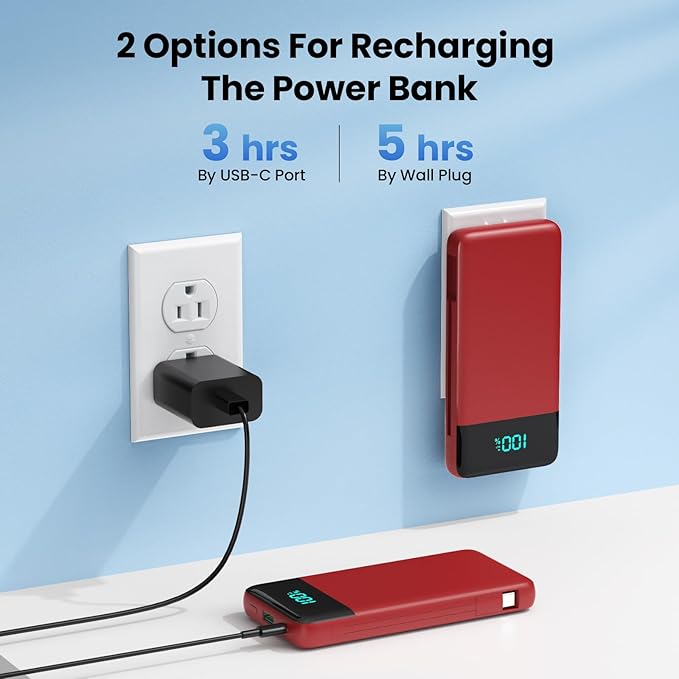 Portable Charger for iPhone with Built in Cables and Wall Plug,Upgraded 13800mAh Fast Charging USB C Power Bank,4 Outputs Travel Essential Battery Pack Compatible with iPhone 15/14/13/12,-Red