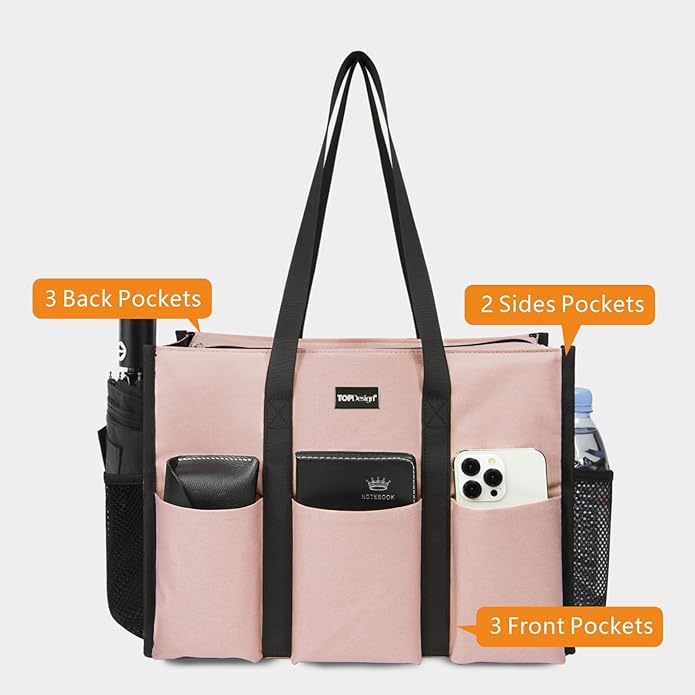 TOPDesign Utility Water Resistant Tote Bag with 13 Pockets, Top Zipper Closure & Thick Bottom Support, for Working Women