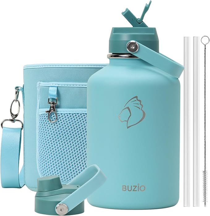 BUZIO 64oz Insulated Water Bottle, Stainless Steel Water Flask with Straw Lid and carrying pouch, Keep Cold 48h Leak Proof Double Wall Vacuum Travel Mug Metal Canteen for Gym Camp Beach, Green