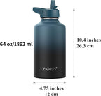CIVAGO 64 oz Insulated Water Bottle With Straw, Half Gallon Stainless Steel Sports Water Flask Jug with 3 Lids (Straw, Spout and Handle Lid), Large Metal Thermal Cup Mug, Deep Orange