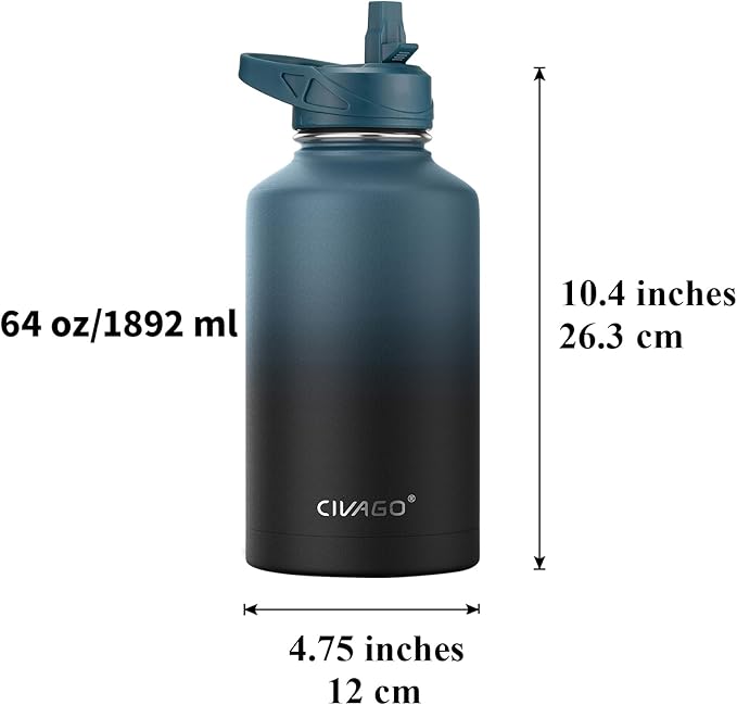 CIVAGO 64 oz Insulated Water Bottle With Straw, Half Gallon Stainless Steel Sports Water Flask Jug with 3 Lids (Straw, Spout and Handle Lid), Large Metal Thermal Cup Mug, Lavender