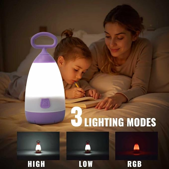 Kids Camping Lantern & Night Light Battery Powered, 360° Eye-Safe Light (AAA Included), IPX4 with RGB Modes Portable for Outdoor, Emergency , Gift for Children (Purple+Blue 2 Pack)