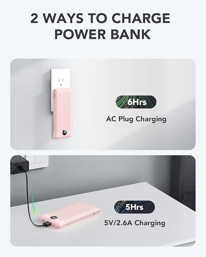 VRURC Portable Charger Built-in Cables and AC Wall Plug, USB C Power Bank 10000mAh, Travel Essentials Phone Charger Compact Lightweight External Battery Pack for Smart Phones, Tablets etc-Pink
