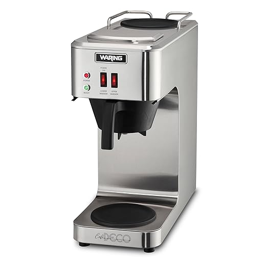 Waring WCM50 Café Deco Pour Over Decanter Coffee Brewer, Stainless Steel Construction, Two Individually Operated Warmers, No Plumbing Required, 120V, 5-15 Phase Plug,Silver