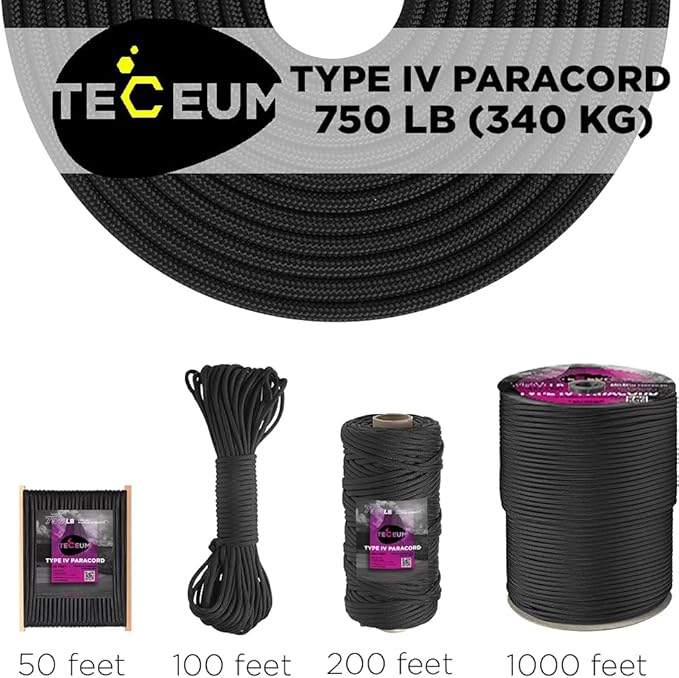 TECEUM 5/32" Paracord Rope 1000 – 1000ft / 200ft / 100ft / 50ft – Tactical Parachute Cord 4mm – 45+ Colors – Nylon String for Survival & Camping Gear – Stripe Cord for Survival – Utility Rope