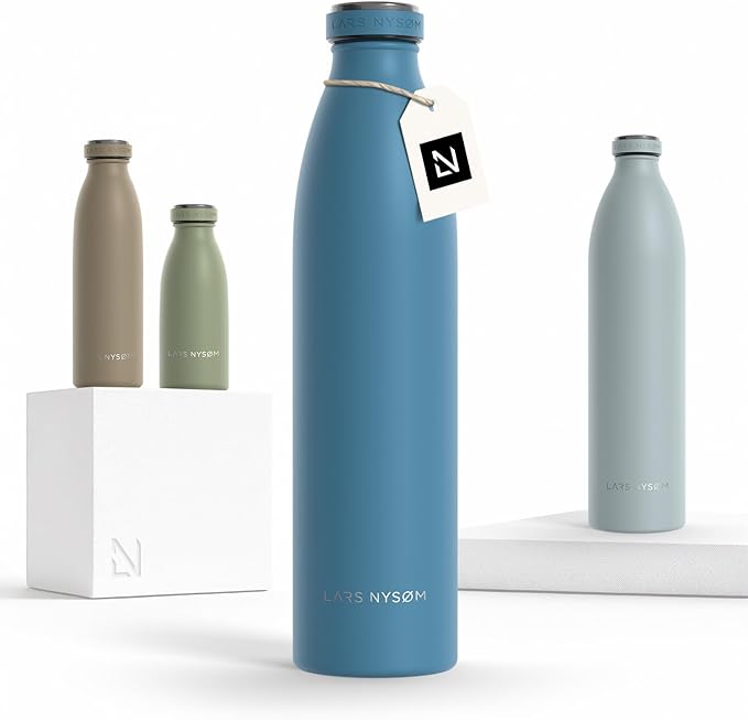 LARS NYSØM Stainless Steel Insulated Water Bottle 12 oz 17 oz 25 oz 34 oz 51 oz | Insulated Thermo Flask for Hot and Cold Beverages | Leakproof Drinking Bottle (Calypso Blue, 33.8 oz)