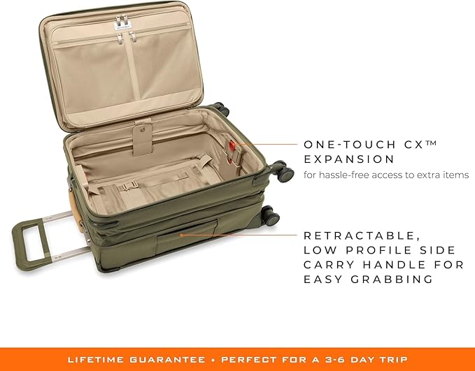 Briggs & Riley Essential 22" Carry On Expandable Spinner - Luggage for Travel, Suitcases with Wheels, Softside Rolling Bag for Men & Women, Self-Repairing Zipper - Baseline Collection, Olive