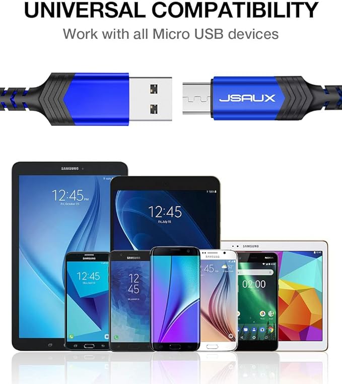 JSAUX Micro USB Cable for Android, (4-Pack 6.6FT) Kindle Charger Cord Replacement, Nylon Braided USB Micro Charging Cable Compatible with Galaxy S7 S6 J7 Edge Note 5, Kindle, MP3-Blue
