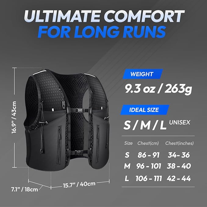 All-in-One Multi Sport Running Vest including Water Bottle, Whistle, 11 Pockets & 6 Straps – Ergonomic Lightweight Reflective Gear